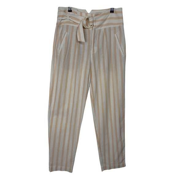 Anthropologie Pants - Anthropologie Striped Paperbag‎ Pants Womens 4 Peach White Linen Blend Belted